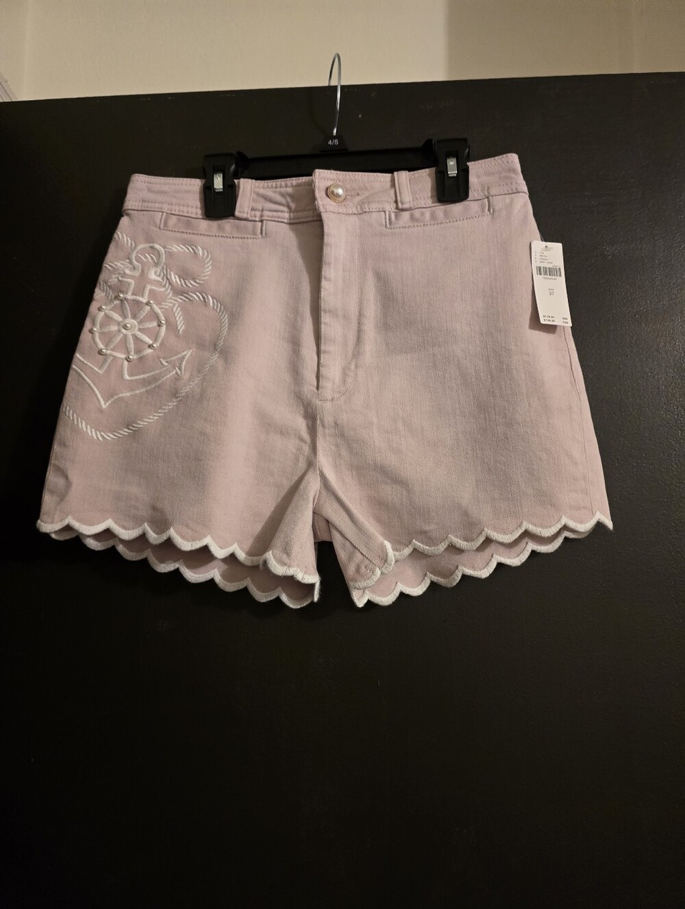 Maeve Light Pink Scalloped Hem Anchor Embroidered Shorts